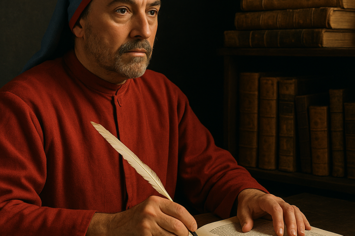 Ritratto di Giovanni Boccaccio con il Decameron sullo sfondo