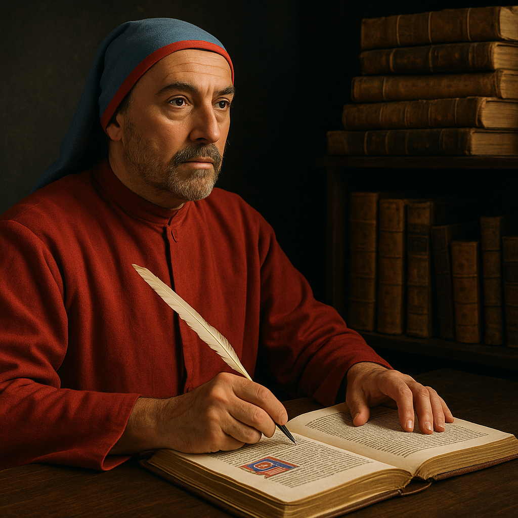 Ritratto di Giovanni Boccaccio con il Decameron sullo sfondo